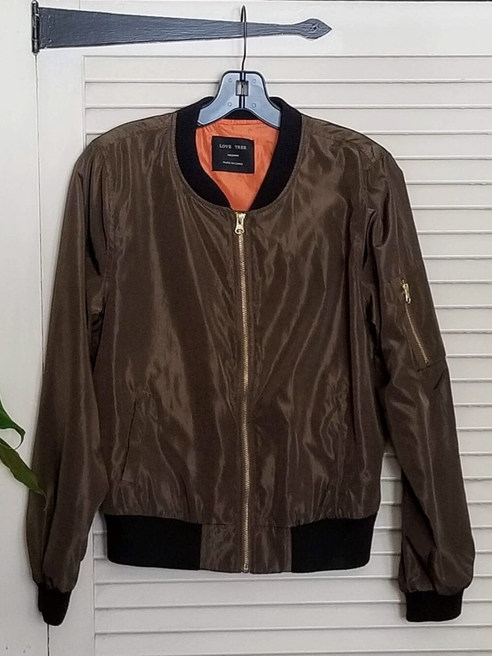 Love Tree Satin Bomber Jacket | Olive Brown | Orange Lining | Lightweight Zip-Up